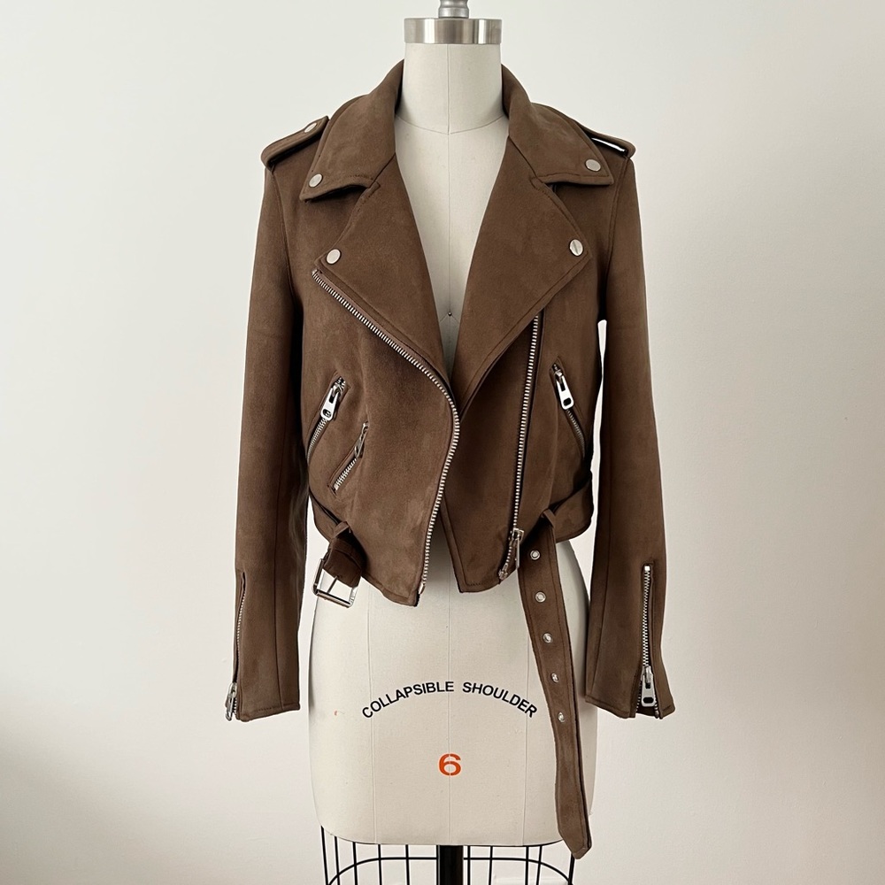 ZARA Brown Mocha Faux Suede Moto Belted Assym Zip Front Jacket Sz M